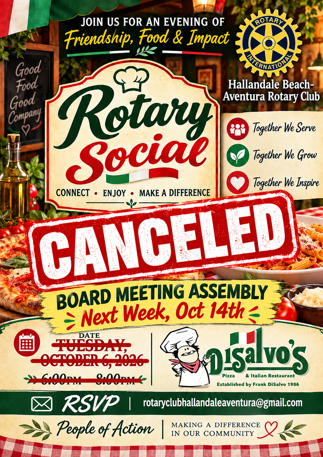 CANCELED Club Social: Tue., Oct 6, @ 6:00 pm